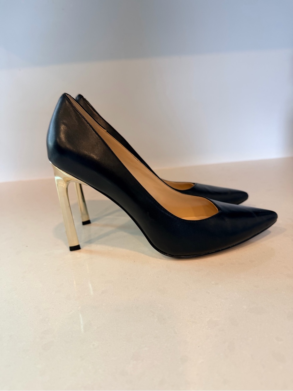 Nine West Black Pointed Leather Pumps with Gold Stiletto Heel